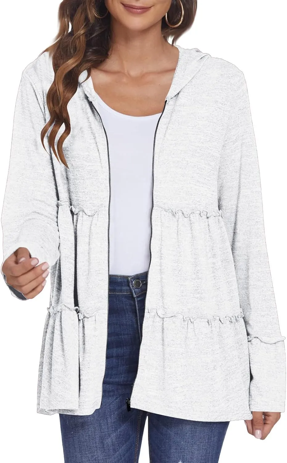 Women's Zip Up Blouses Long Sleeve V Neck Dressy Peplum Casual Tops Babydoll Shirts Fashion Lightweight Hoodies