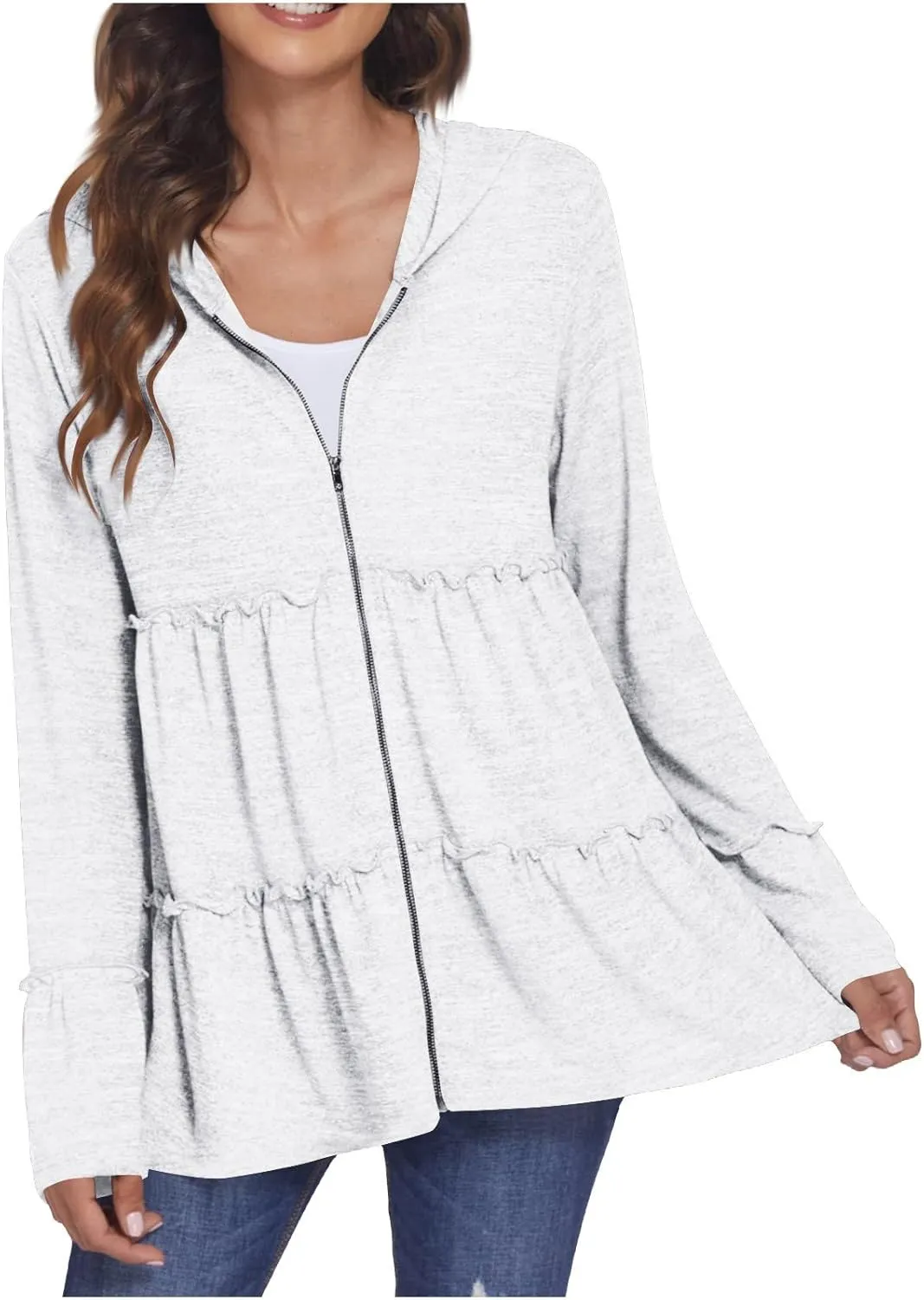 Women's Zip Up Blouses Long Sleeve V Neck Dressy Peplum Casual Tops Babydoll Shirts Fashion Lightweight Hoodies