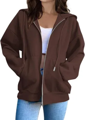 Womens Zip Up Hoodies Casual Long Sleeve Sweatershirts Oversized Drawstring Jackets with Pockets