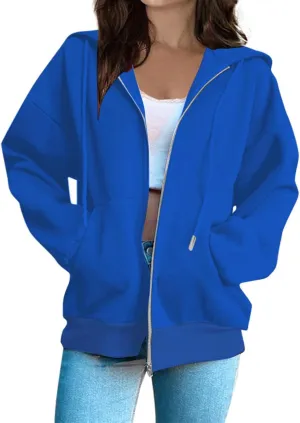 Womens Zip Up Hoodies Casual Long Sleeve Sweatershirts Oversized Drawstring Jackets with Pockets