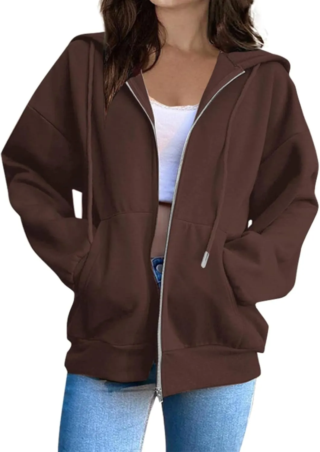 Womens Zip Up Hoodies Casual Long Sleeve Sweatershirts Oversized Drawstring Jackets with Pockets