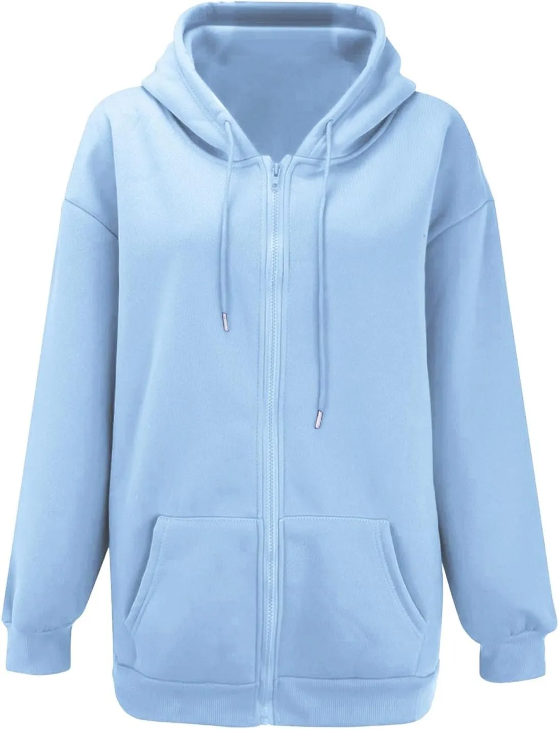 Women's Zip Up Hoodies Solid Color Oversized Sweatshirt Clothing Fall Casual Drawstring Jacket with Pockets