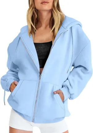 Women's Zip Up Hoodies Solid Color Oversized Sweatshirt Clothing Fall Casual Drawstring Jacket with Pockets