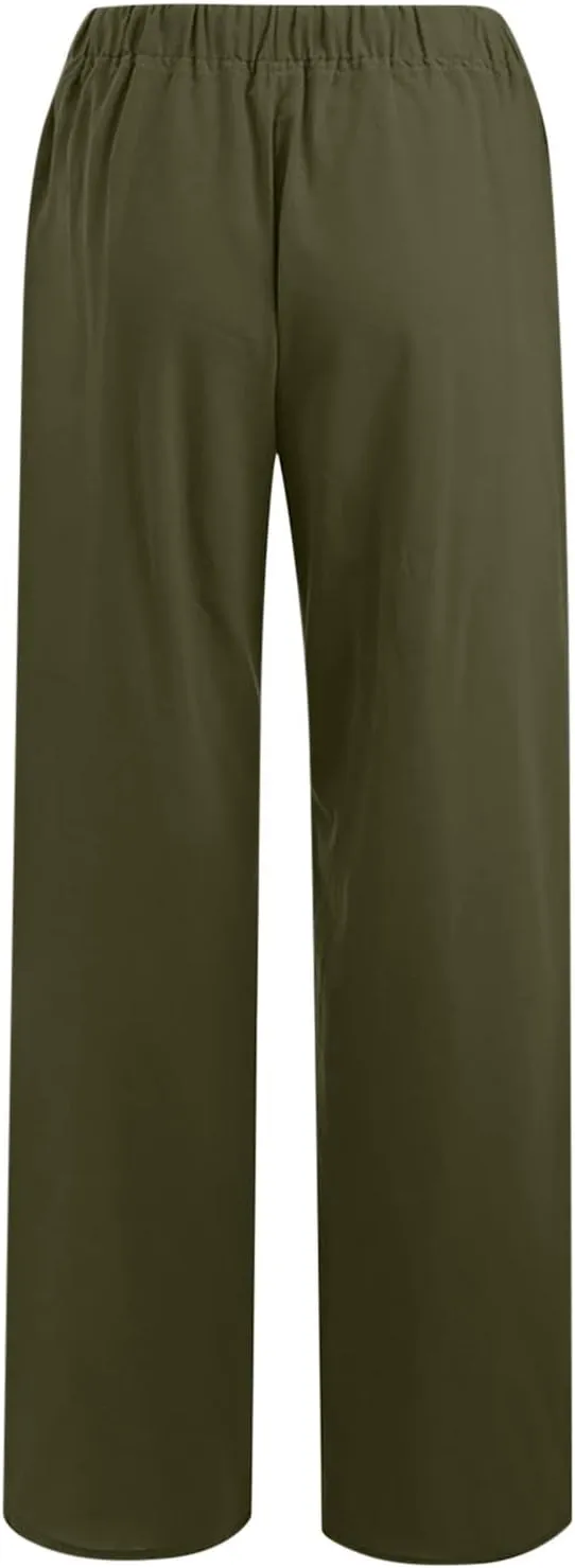 Xiaojmake Womens Linen Palazzo Pants Summer Loose Wide Leg Pants Drawstring Tie Elastic High Waist Trousers with Side Pockets
