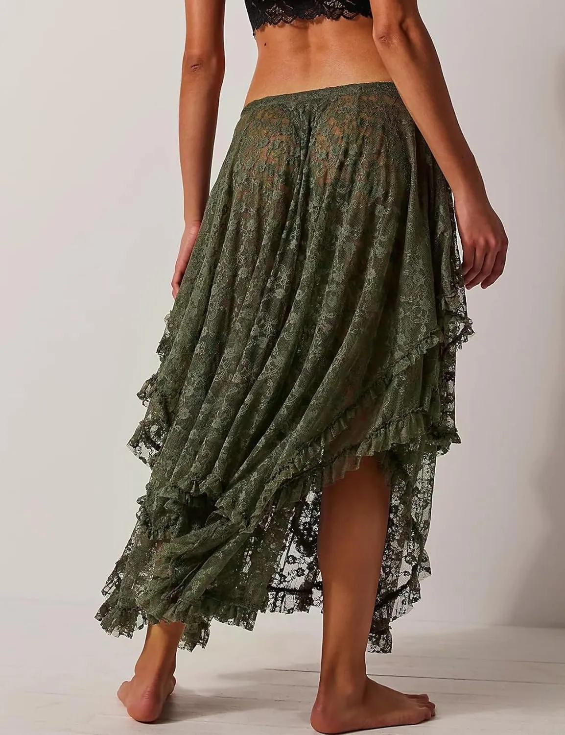 Yimoon Women's Floral Lace Long Skirts Elastic Asymmetrical Layered See-Through Maxi Skirts Sexy Sheer Flowy Beach Skirt