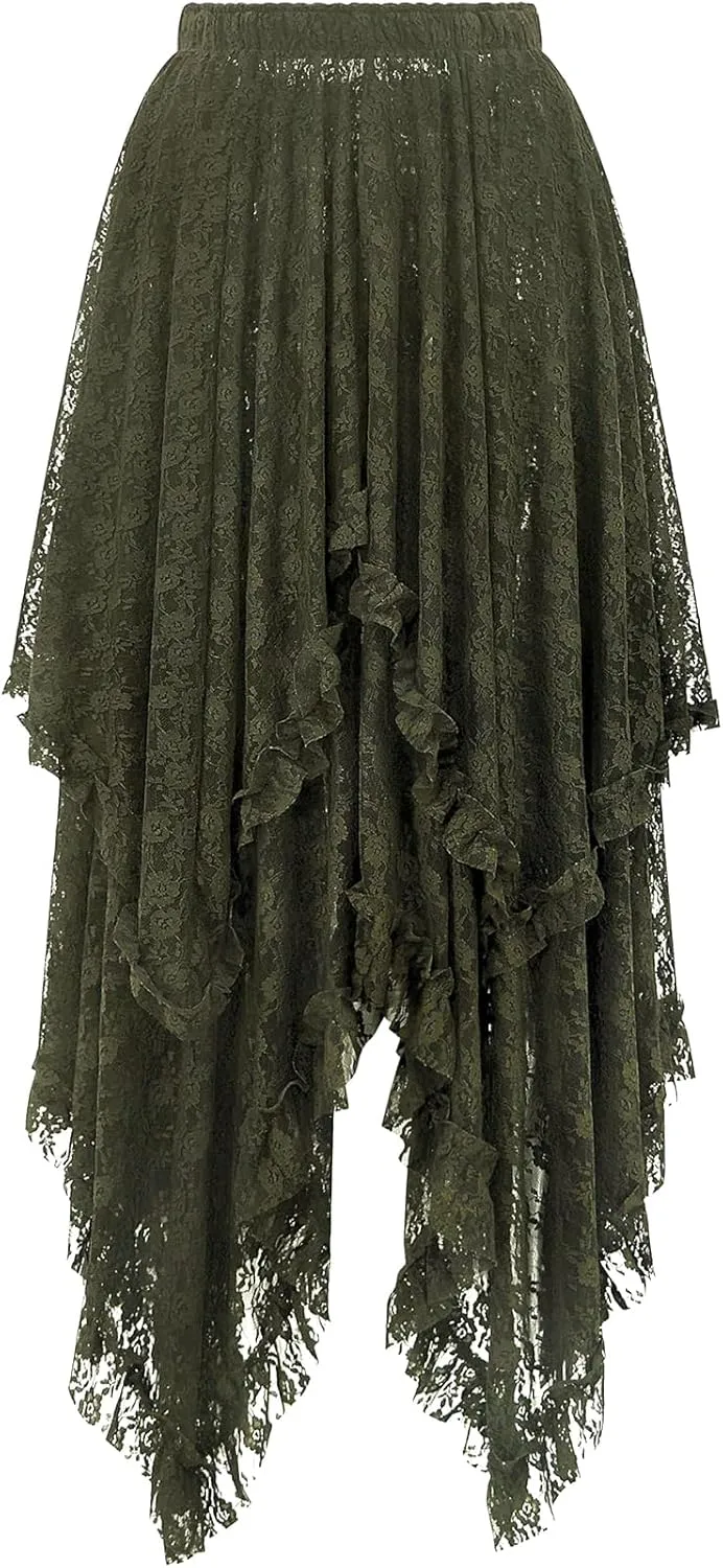 Yimoon Women's Floral Lace Long Skirts Elastic Asymmetrical Layered See-Through Maxi Skirts Sexy Sheer Flowy Beach Skirt
