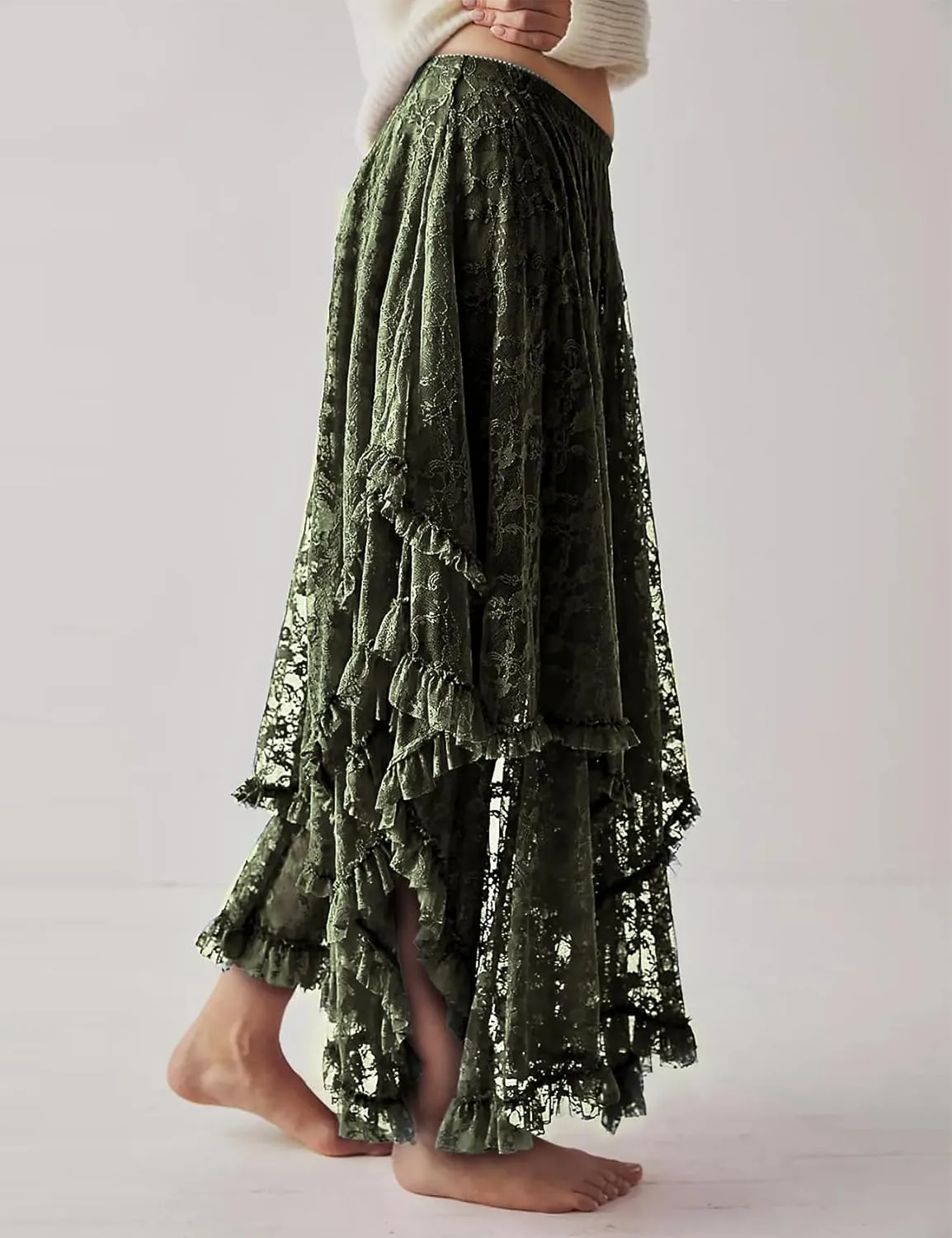 Yimoon Women's Floral Lace Long Skirts Elastic Asymmetrical Layered See-Through Maxi Skirts Sexy Sheer Flowy Beach Skirt