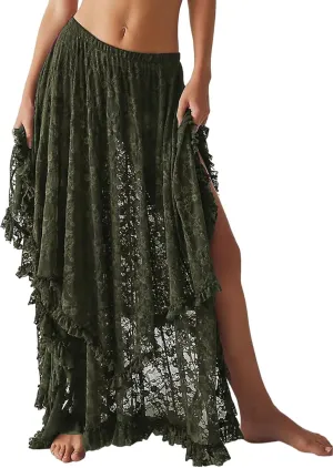Yimoon Women's Floral Lace Long Skirts Elastic Asymmetrical Layered See-Through Maxi Skirts Sexy Sheer Flowy Beach Skirt