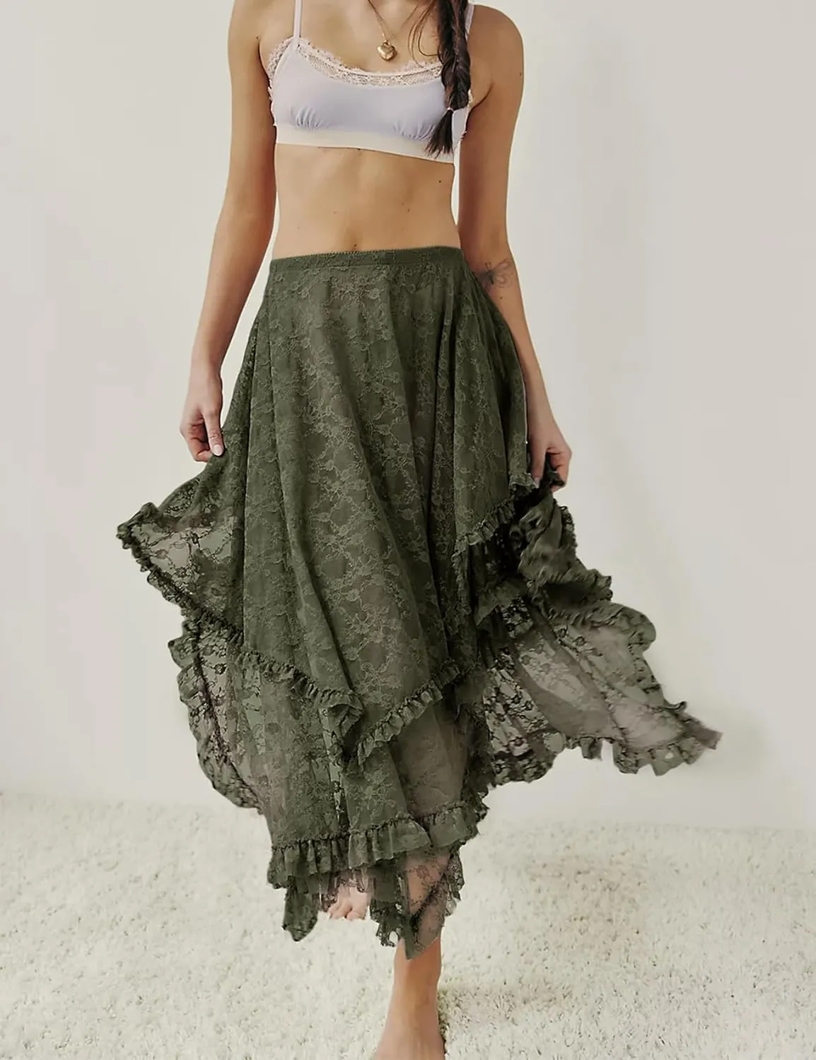 Yimoon Women's Floral Lace Long Skirts Elastic Asymmetrical Layered See-Through Maxi Skirts Sexy Sheer Flowy Beach Skirt