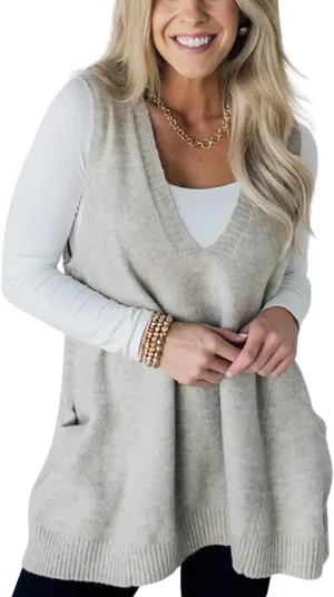 yoeasy Womens Sleeveless Sweater Vest Oversized V Neck Loose Knit Casual A Line Tunic Pullover Top with Pockets