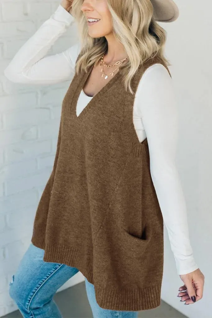 yoeasy Womens Sleeveless Sweater Vest Oversized V Neck Loose Knit Casual A Line Tunic Pullover Top with Pockets