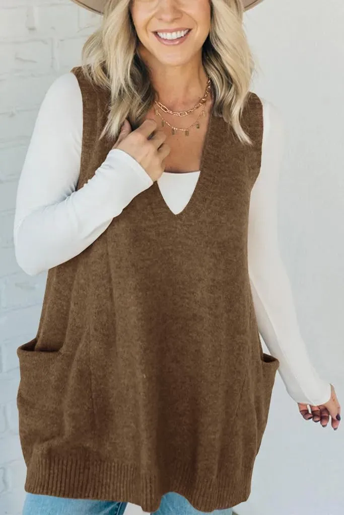 yoeasy Womens Sleeveless Sweater Vest Oversized V Neck Loose Knit Casual A Line Tunic Pullover Top with Pockets