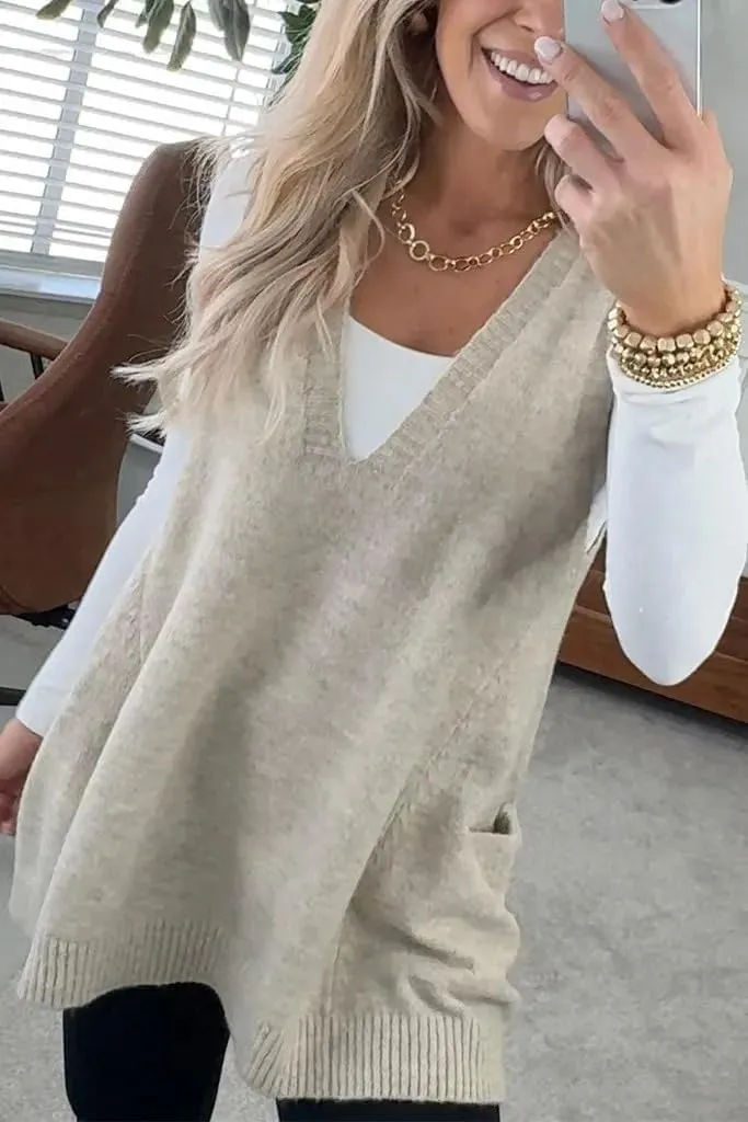 yoeasy Womens Sleeveless Sweater Vest Oversized V Neck Loose Knit Casual A Line Tunic Pullover Top with Pockets