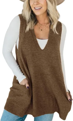 yoeasy Womens Sleeveless Sweater Vest Oversized V Neck Loose Knit Casual A Line Tunic Pullover Top with Pockets