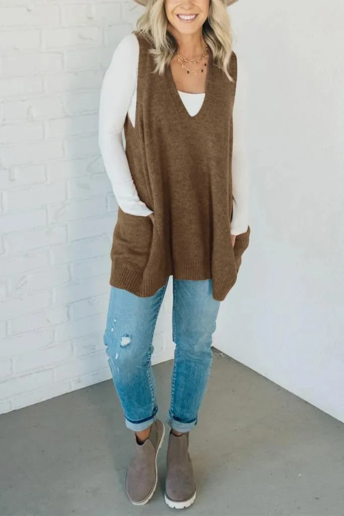 yoeasy Womens Sleeveless Sweater Vest Oversized V Neck Loose Knit Casual A Line Tunic Pullover Top with Pockets