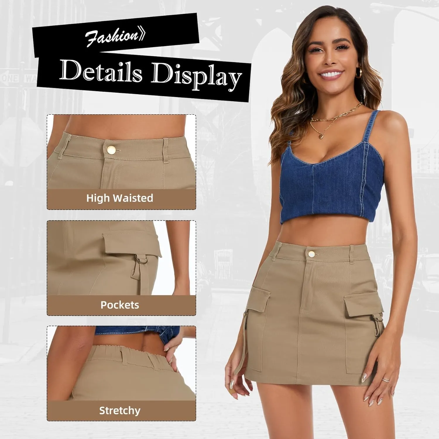 Zando High Waisted Cargo Mini Skirt Y2K Bodycon Denim Mini Skirt Y2K Jean Skirt with Pockets Y2K Button Cargo Skirt