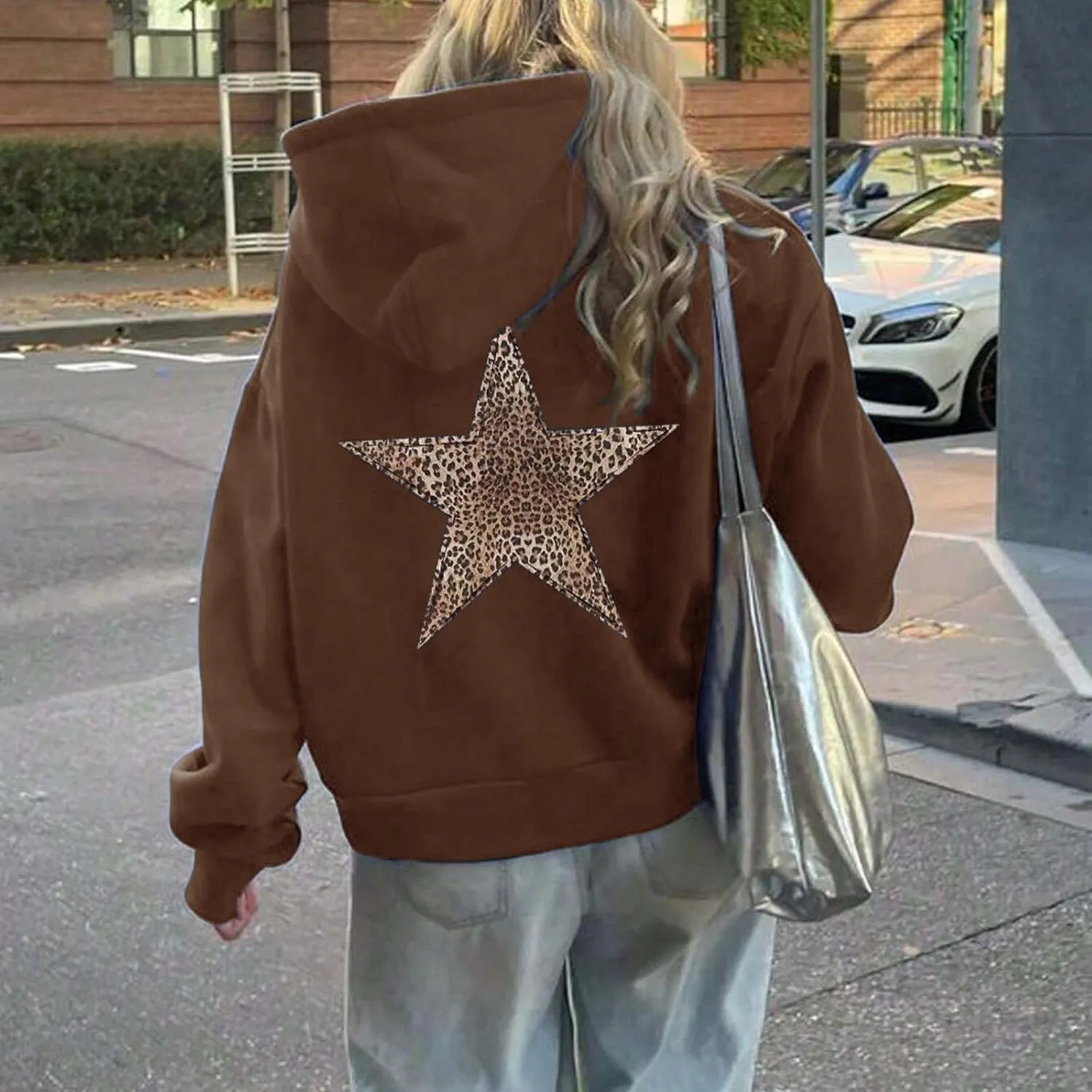 ZWRXW Oversized Graphic Hoodie Sweatshirt for Women Leopard Star Long Sleeve Pullover Sweater Fashion Y2K Outfits Tops
