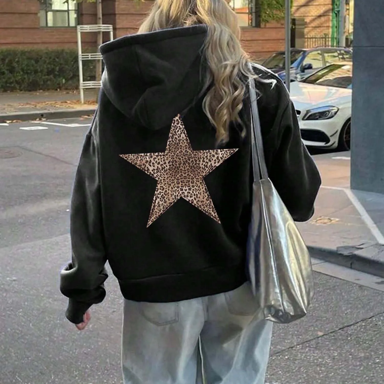 ZWRXW Oversized Graphic Hoodie Sweatshirt for Women Leopard Star Long Sleeve Pullover Sweater Fashion Y2K Outfits Tops