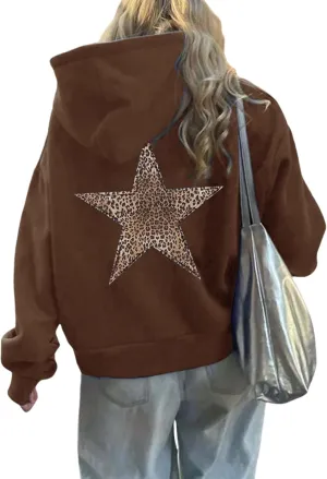 ZWRXW Oversized Graphic Hoodie Sweatshirt for Women Leopard Star Long Sleeve Pullover Sweater Fashion Y2K Outfits Tops
